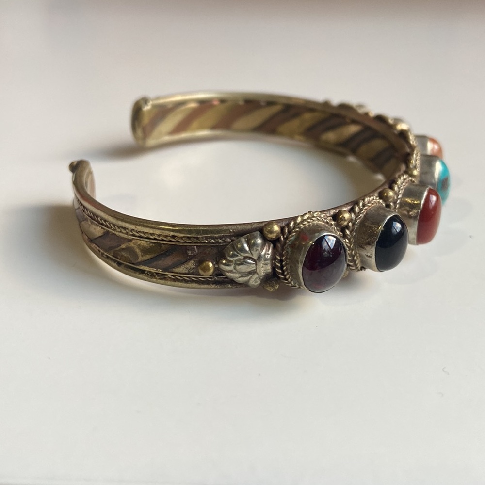 Copper brass steel mix metal natural stone cuff bracelet - Picture 3 of 6